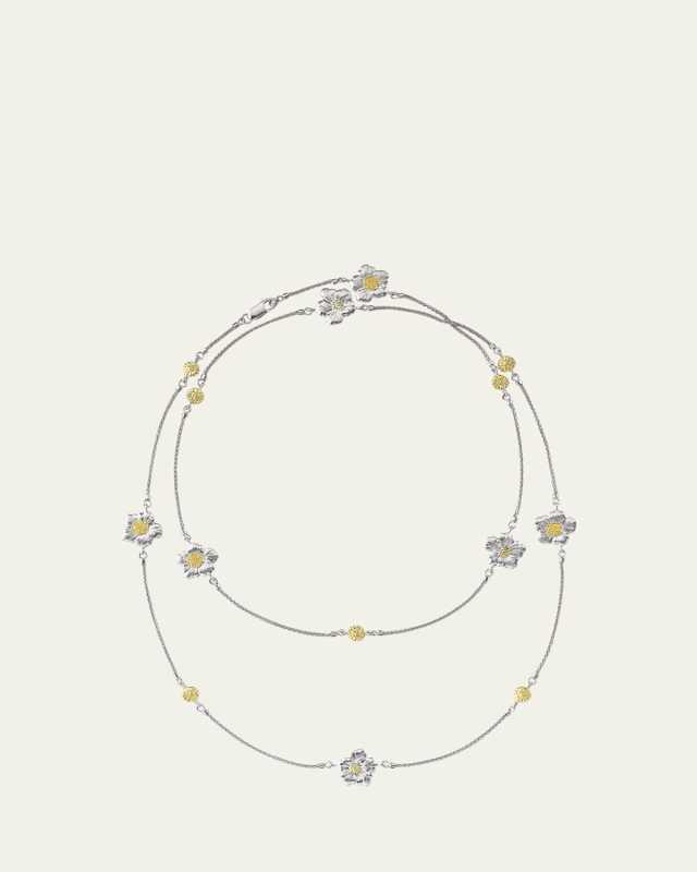 Blossoms Gardenia Long Necklace in Sterling Silver and 18K Gold with Diamonds